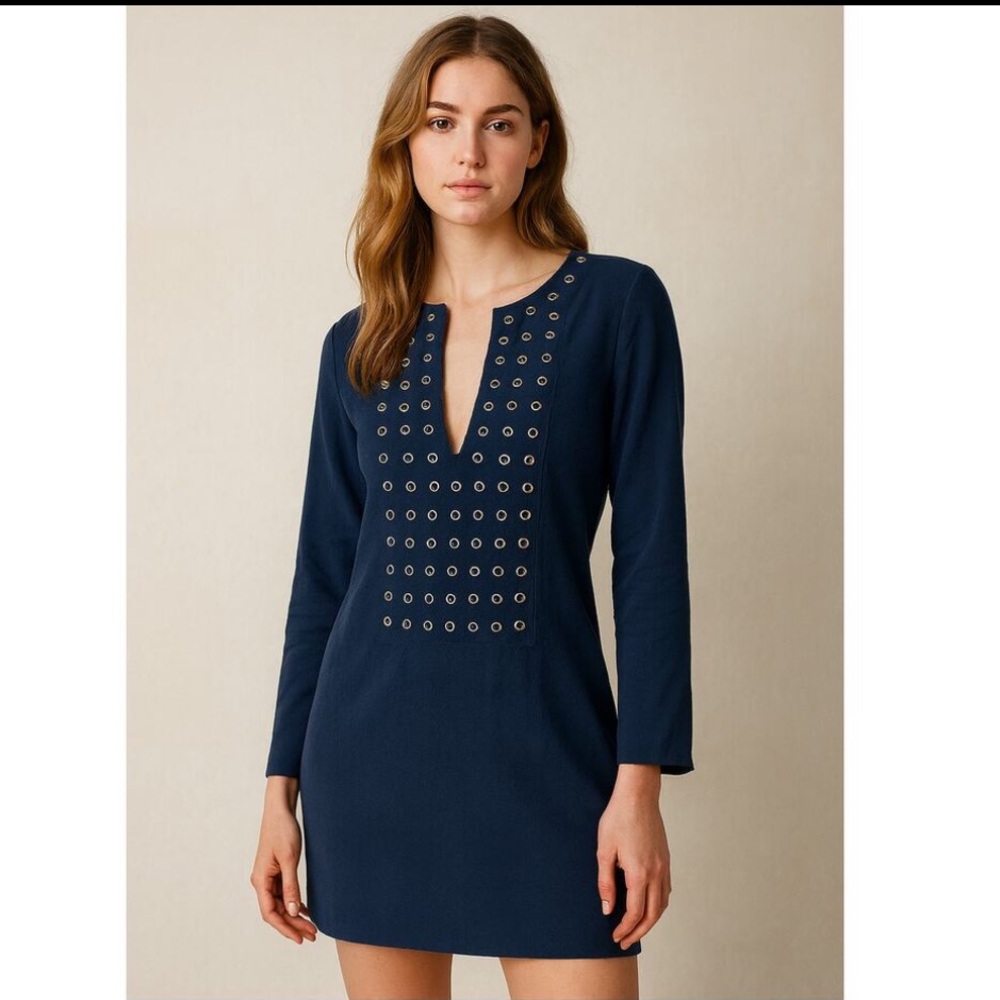 Lavender Brown Navy Silk Shift Dress Grommet Detail Long Sleeve XS